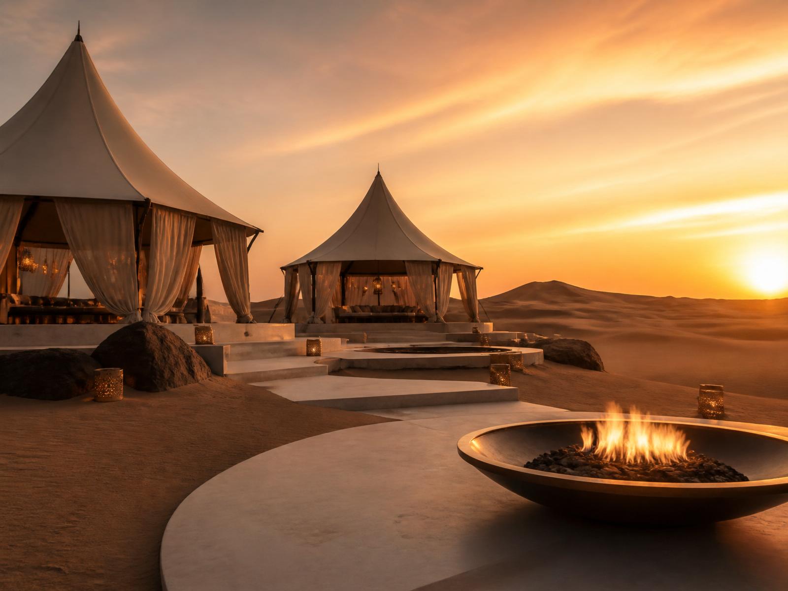 Sahara desert luxury installation at sunset