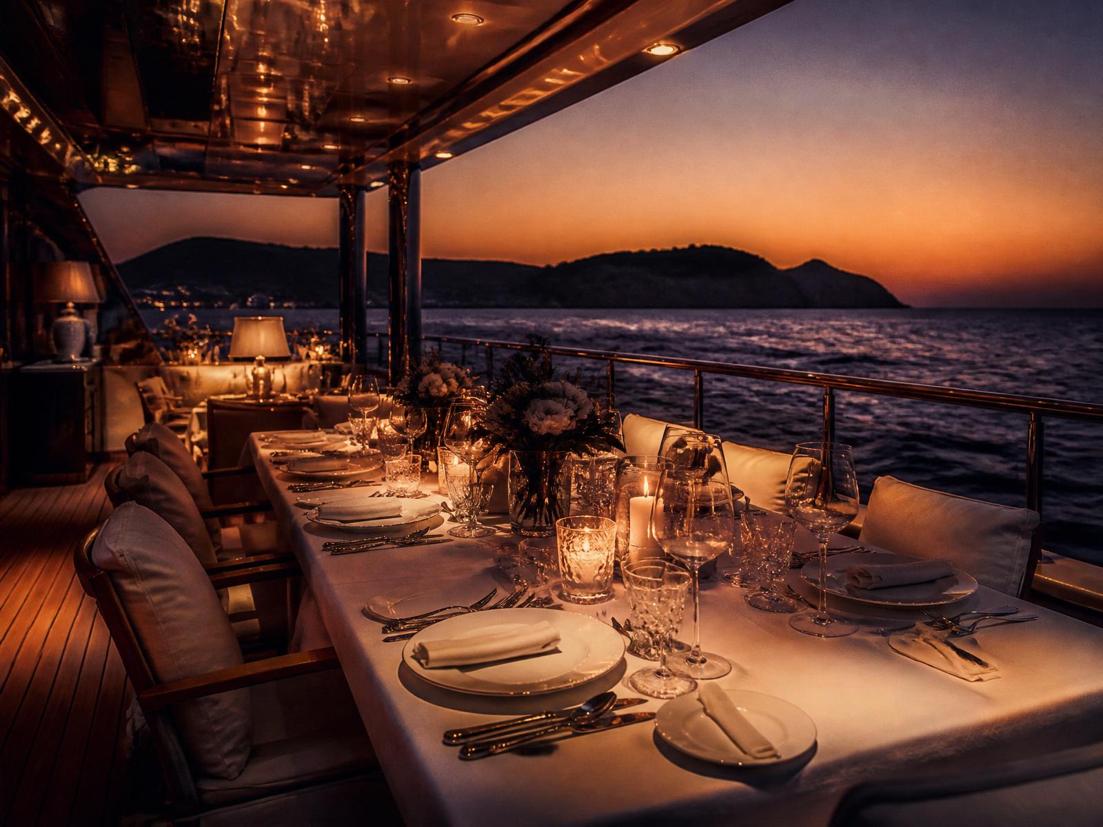 Private yacht deck dinner at dusk