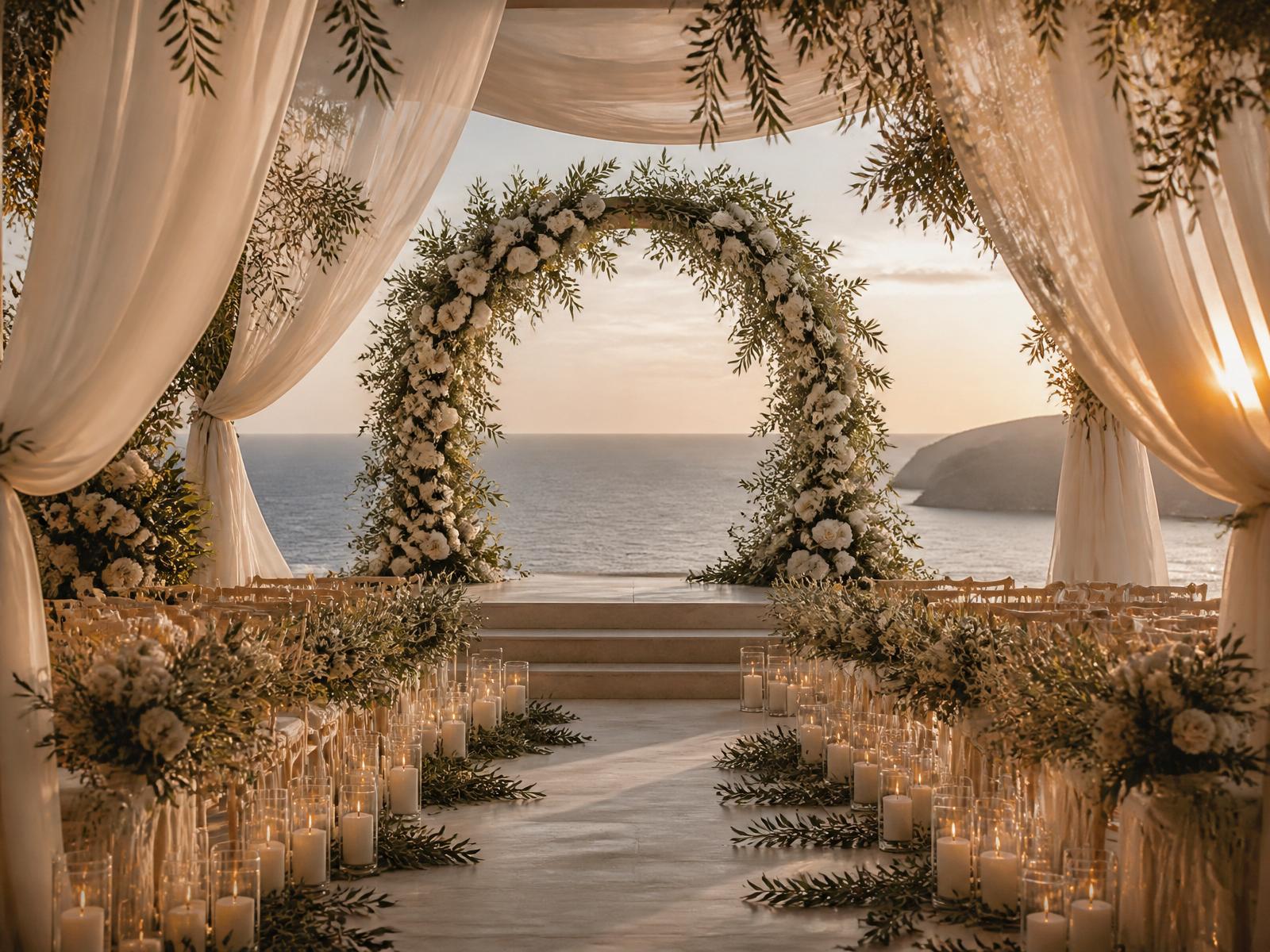 Mediterranean cliffside wedding aisle at golden hour
