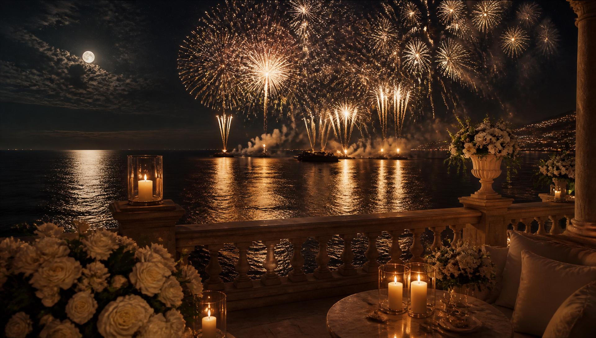 Fireworks finale over moonlit ocean, seen from a candlelit terrace