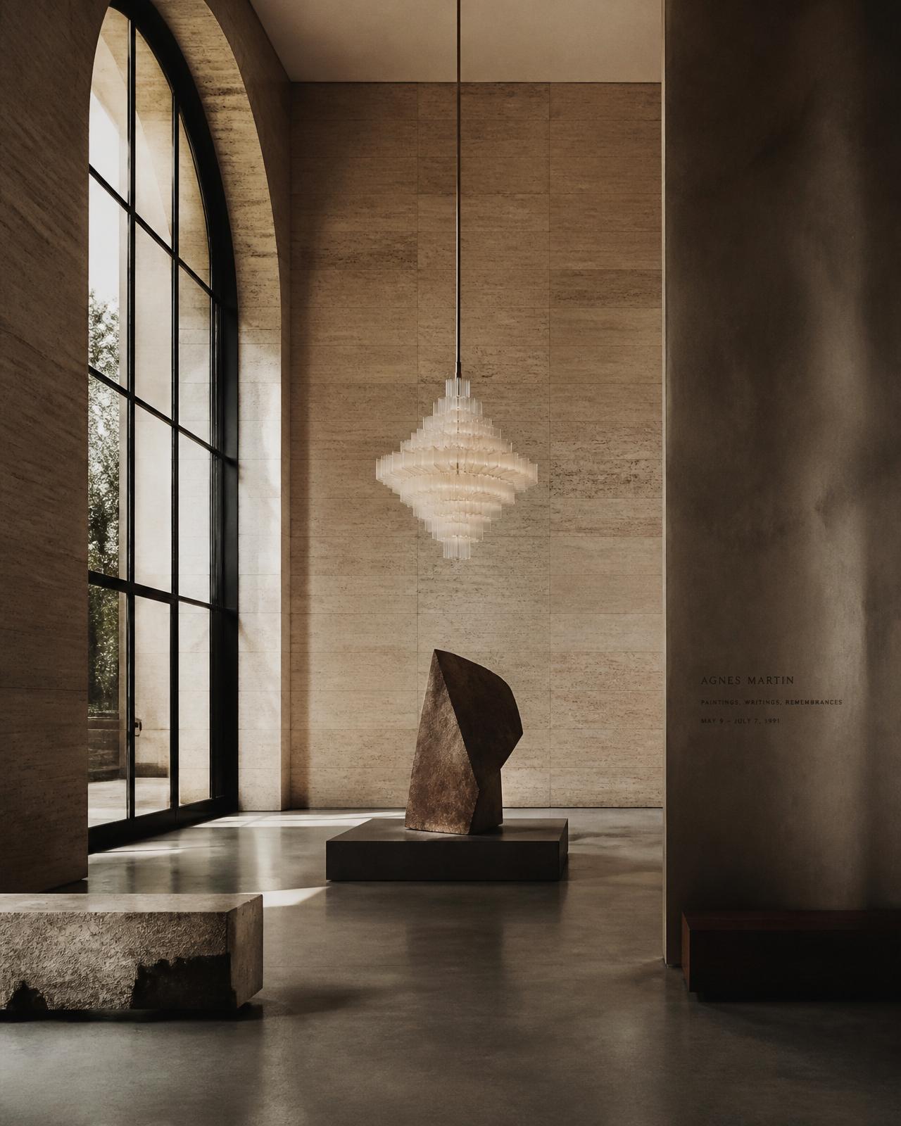 Editorial interior with sculptural chandelier